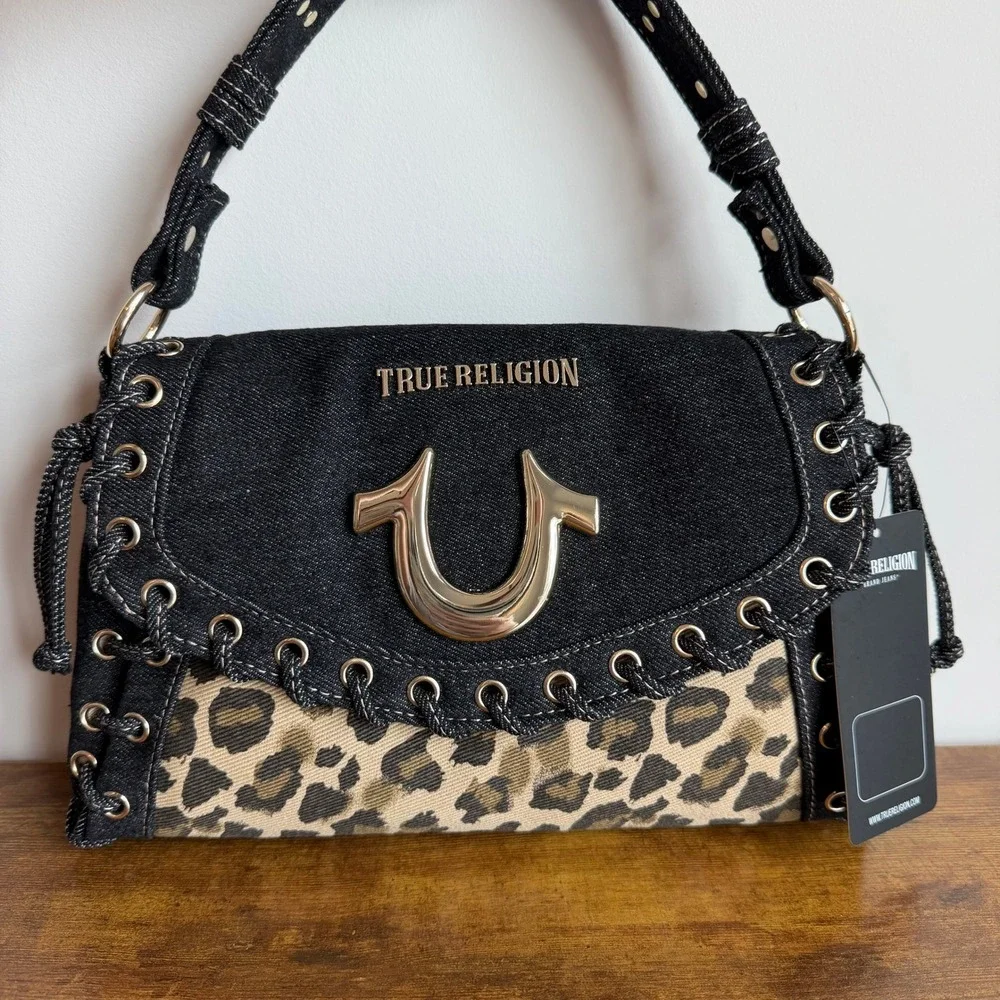 New True Religion Black Denim Leopard Shoulder Handbag Western Horseshoe Cute